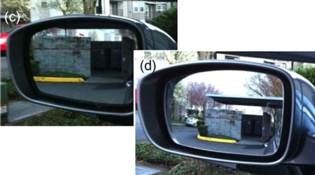 Cách chỉnh gương thông thường sẽ khiến xe màu lam chỉ nhìn thấy xe màu xanh lá cây
