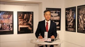 向德国友人介绍越南独特的村亭建筑