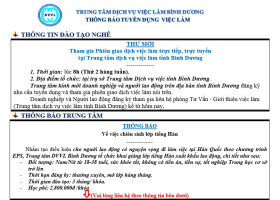 Trung tâm Dịch vụ việc làm Bình Dương thông báo tuyển dụng việc làm