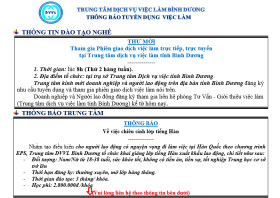 Trung tâm Dịch vụ việc làm Bình Dương thông báo tuyển dụng việc làm