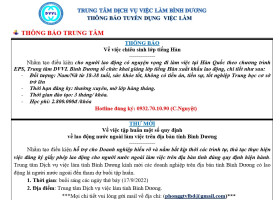 Trung tâm Dịch vụ việc làm Bình Dương thông báo tuyển dụng việc làm