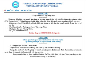 Trung tâm Dịch vụ việc làm Bình Dương thông báo tuyển dụng việc làm