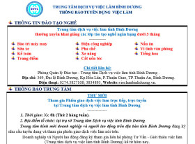 Trung tâm Dịch vụ việc làm Bình Dương thông báo tuyển dụng việc làm