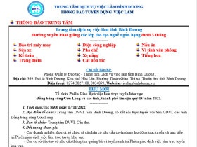 Trung tâm Dịch vụ việc làm Bình Dương thông báo tuyển dụng việc làm