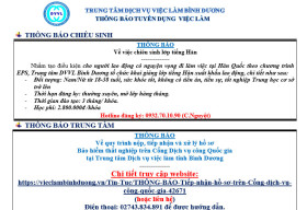 Trung tâm Dịch vụ việc làm Bình Dương thông báo tuyển dụng việc làm