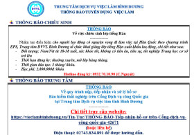 Trung tâm Dịch vụ việc làm Bình Dương thông báo tuyển dụng việc làm