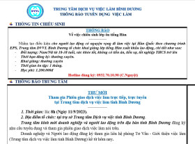 Trung tâm Dịch vụ việc làm Bình Dương thông báo tuyển dụng việc làm