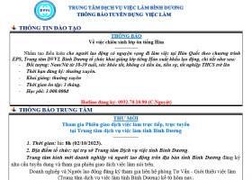 Trung tâm Dịch vụ việc làm Bình Dương thông báo tuyển dụng việc làm
