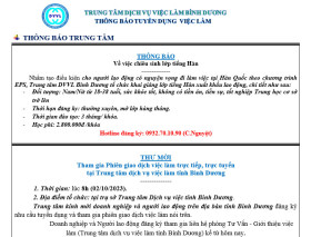 Trung tâm Dịch vụ việc làm Bình Dương thông báo tuyển dụng việc làm