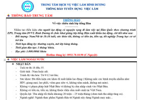 Trung tâm Dịch vụ việc làm Bình Dương thông báo tuyển dụng việc làm