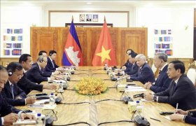 越南国家主席苏林与柬埔寨人民党主席、参议院主席洪森举行会谈