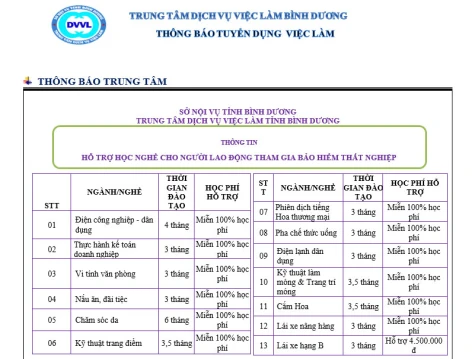 Trung tâm Dịch vụ việc làm Bình Dương thông báo tuyển dụng việc làm