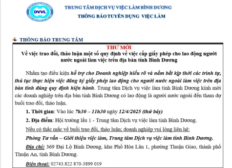 Trung tâm Dịch vụ việc làm Bình Dương thông báo tuyển dụng việc làm