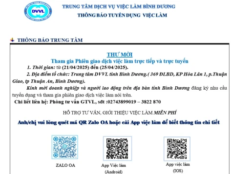 Trung tâm Dịch vụ việc làm Bình Dương thông báo tuyển dụng việc làm