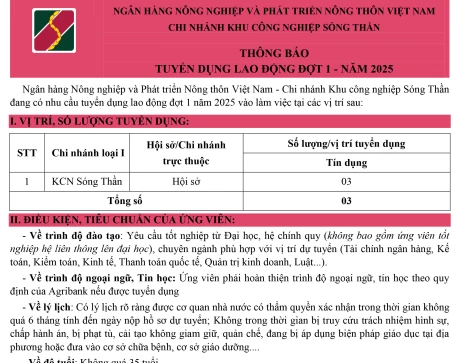 Ngân hàng Nông nghiệp và Phát triển Nông thôn Việt Nam - Chi nhánh Khu công nghiệp Sóng Thần: Thông báo tuyển dụng lao động đợt 1 năm 2025